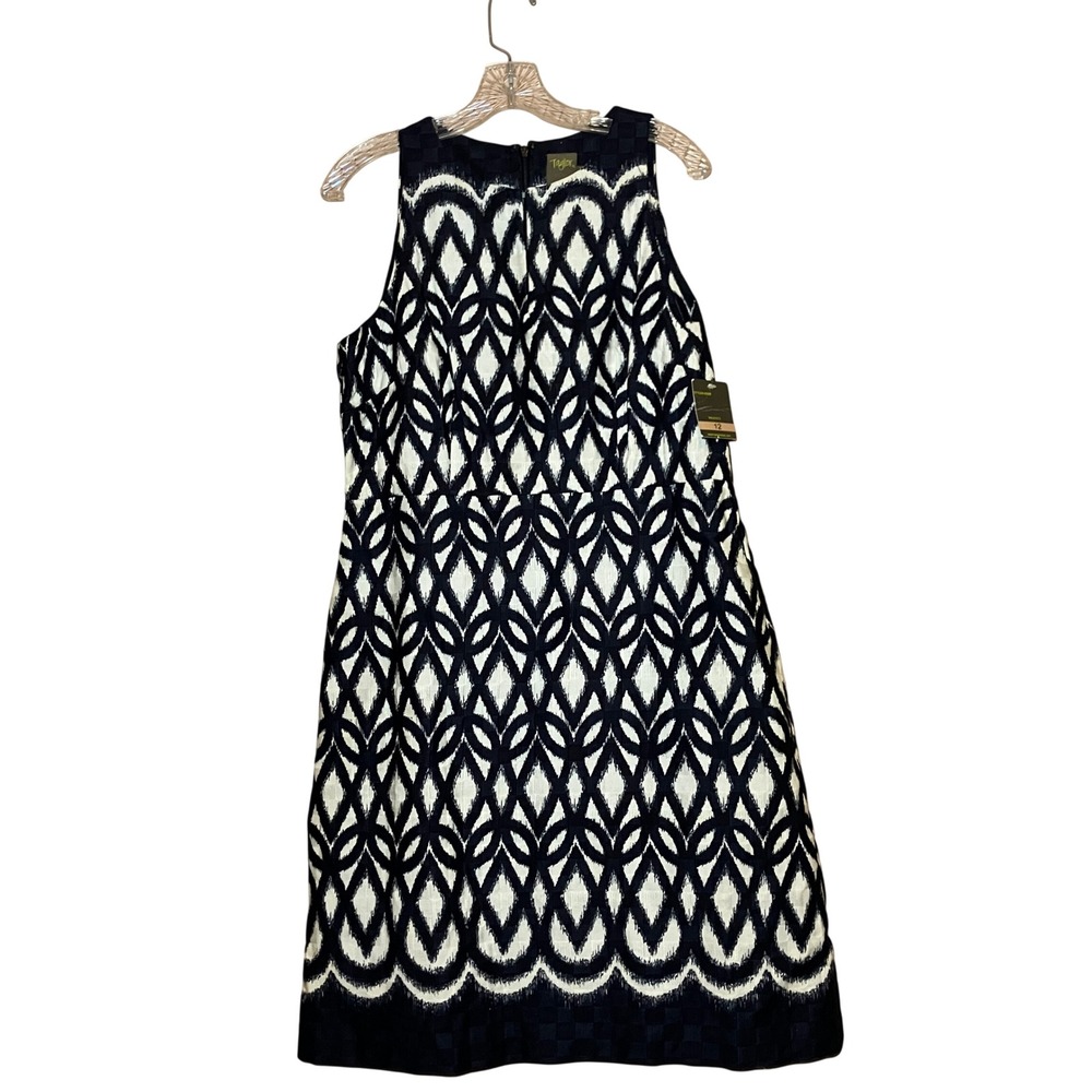 Taylor Sheath Dress Size12 Navy Blue NWT Geometric Sleeveless Jacquard HighNeck
